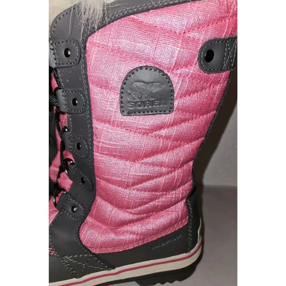 Sorel Tofino II Snow Boots YOUTH Size 6 Pink Gray Waterproof Fleece Fur Trim